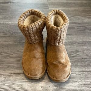 Lamo Women’s Faux Fur Suede Boot Size 8 Chestnut Tan Carmel Fold Over Sock